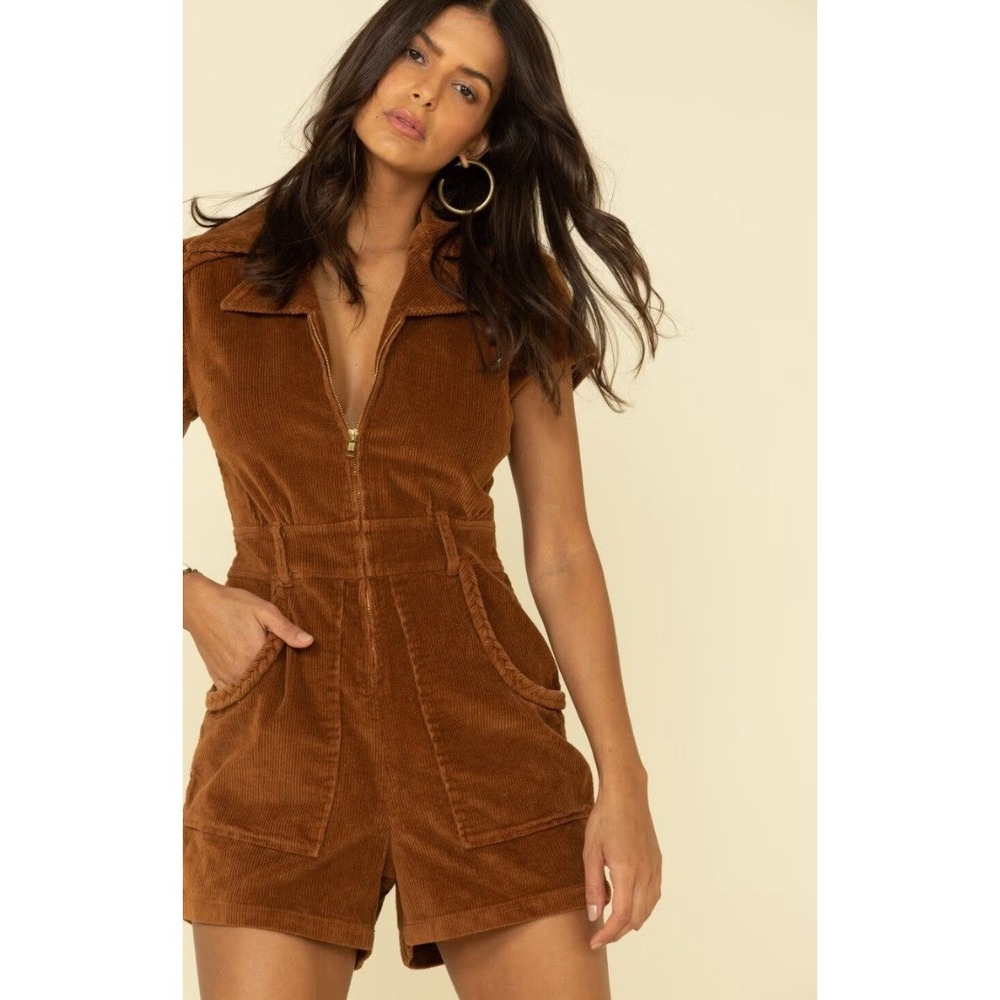 Show Me Your Mumu Womans Medium Outlaw Romper Saddie Brown Corduroy Western